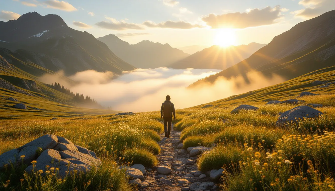 A lone hiker emerges from a sunlit mist into a vast mountain valley, golden light spilling across we