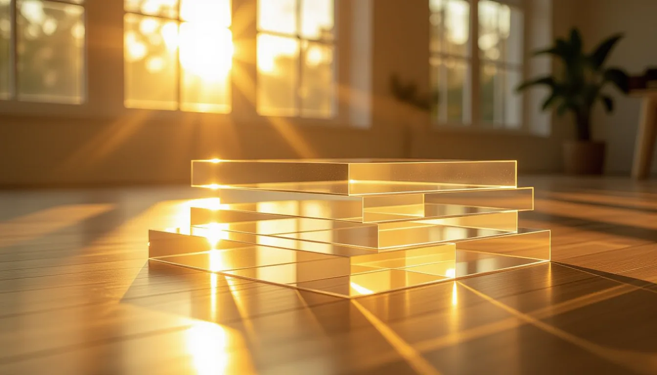 Sunlight fractures through layered translucent acrylic panels stacked along a sunlit studio floor, t