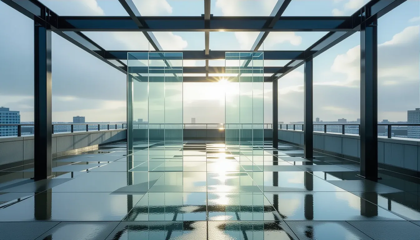 Sunlight slices through layered translucent acrylic sheets suspended between steel girders on a rain