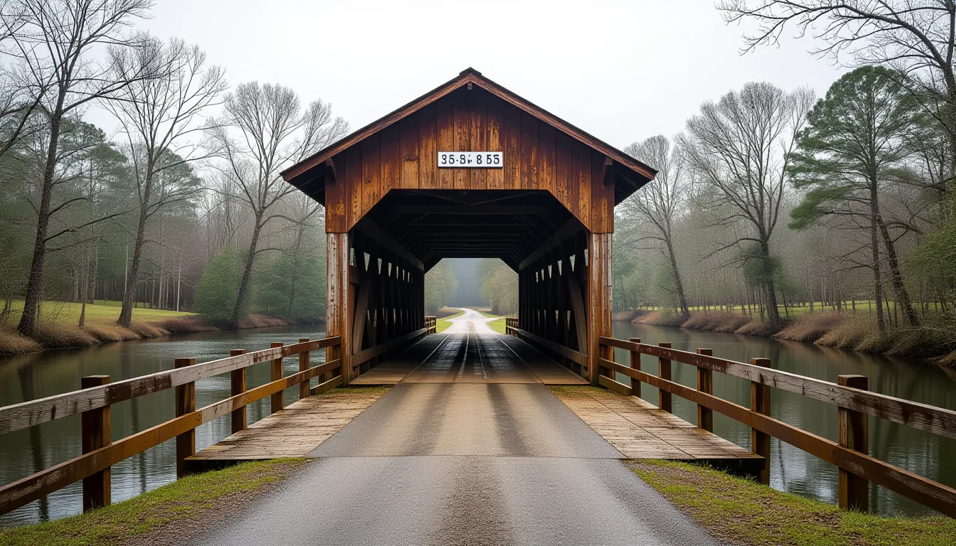 Overcast diffused light washes over the rusted iron truss of a historic covered bridge spanning a sl
