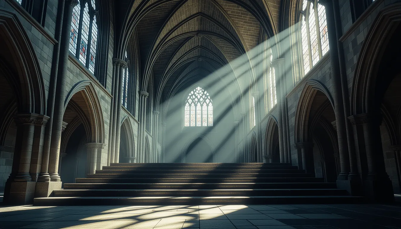 Sunlight fractures through a Gothic cathedral’s ribbed vaulting onto a weathered stone staircase, ca