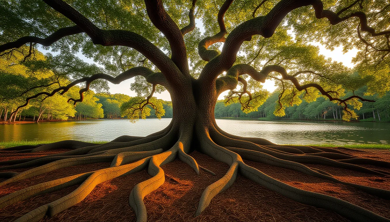 A sprawling live oak’s exposed root system grips the red clay bank, tendrils curling like sinew, bac