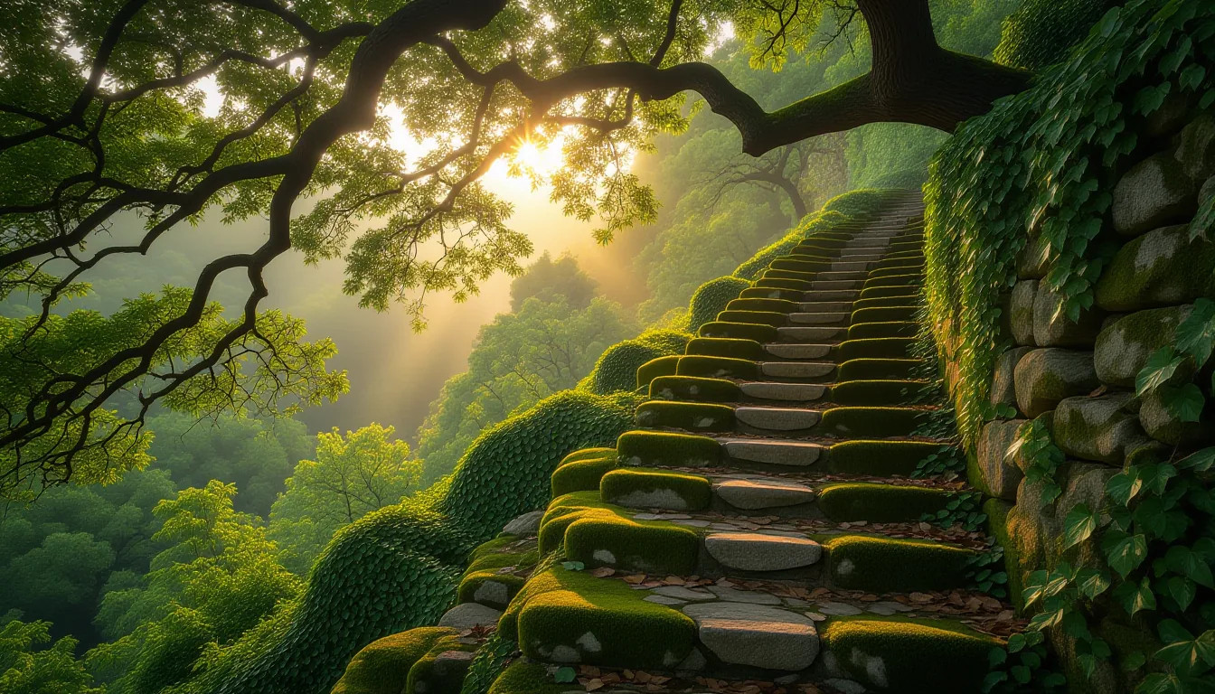Moss-choked limestone steps climb an overgrown hillside, dappled through a canopy of spreading oaks