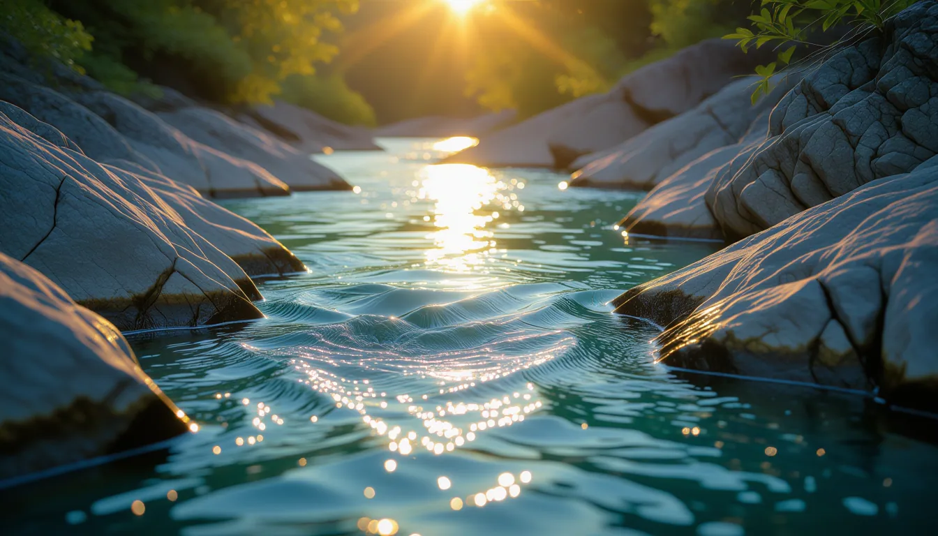 Shallow depth of field at golden hour: a river bends around limestone rocks near Charleston, water s
