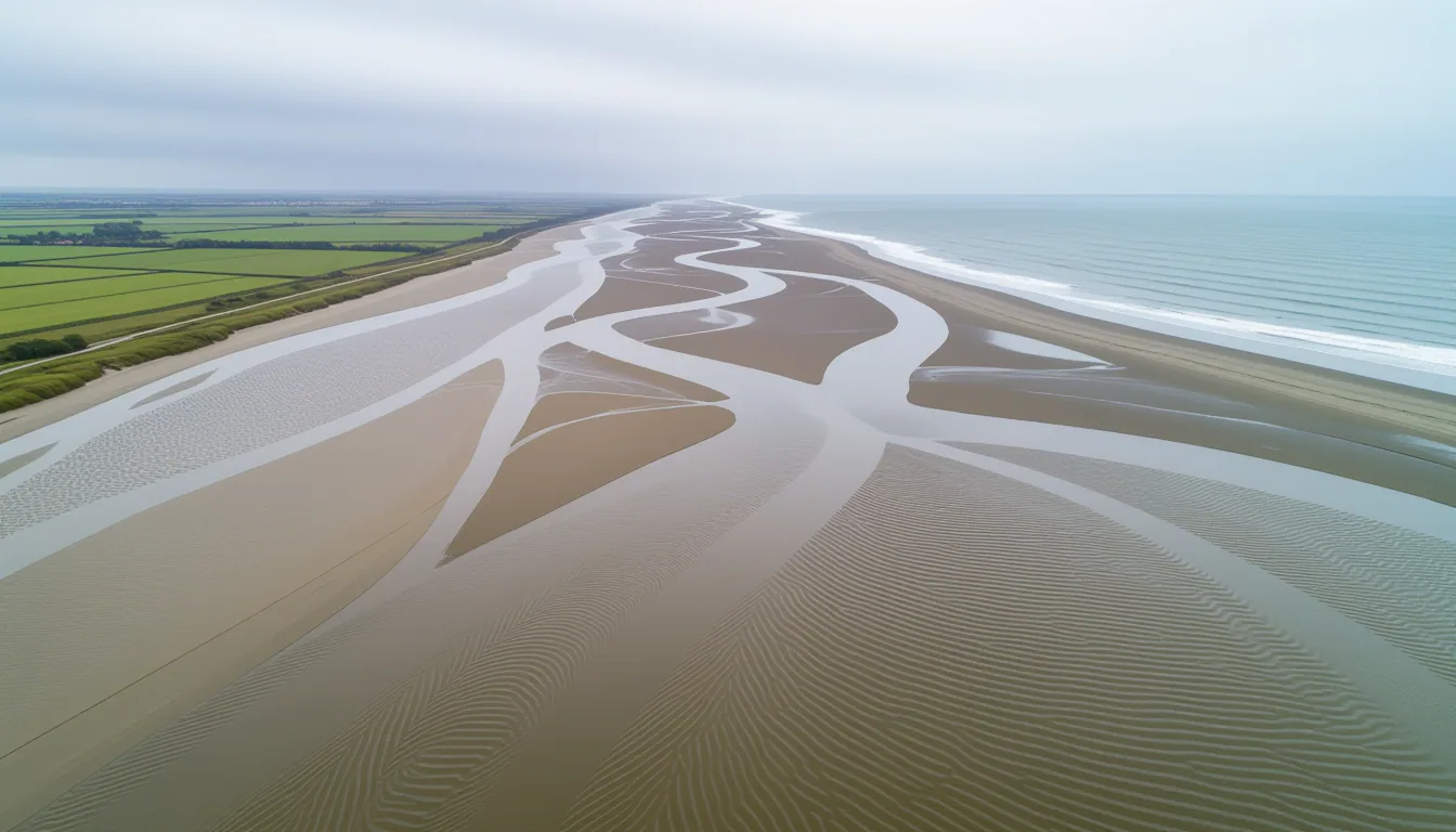 Aerial shot, drone’s eye view: a wide estuary at low tide where two muddy river arms braid into the