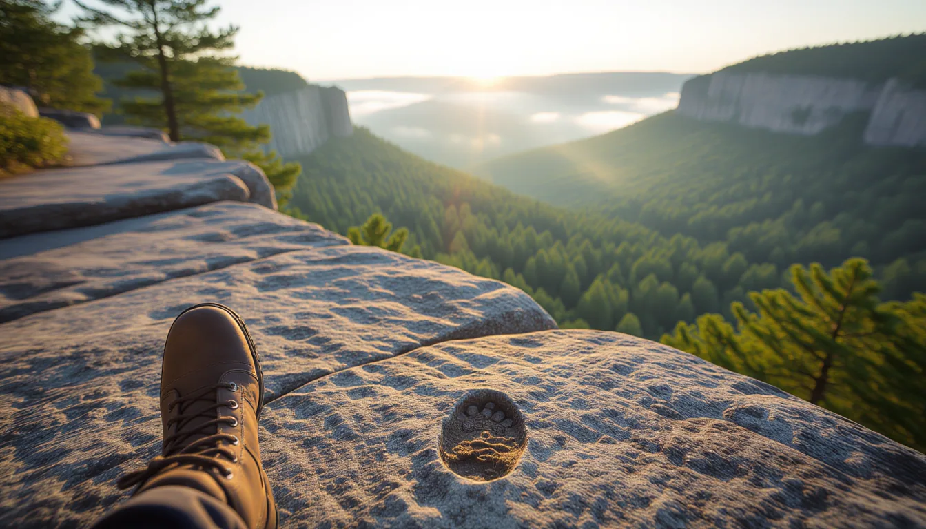 A narrow granite trail winds along the edge of Table Rock’s steep drop-off, morning mist softening t