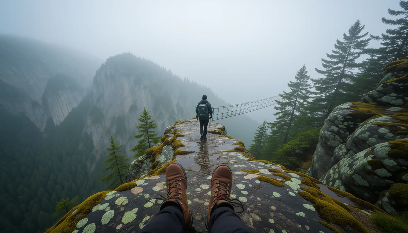 A lone hiker’s boots trudge along a narrow, moss-slicked granite ridge under overcast diffused light