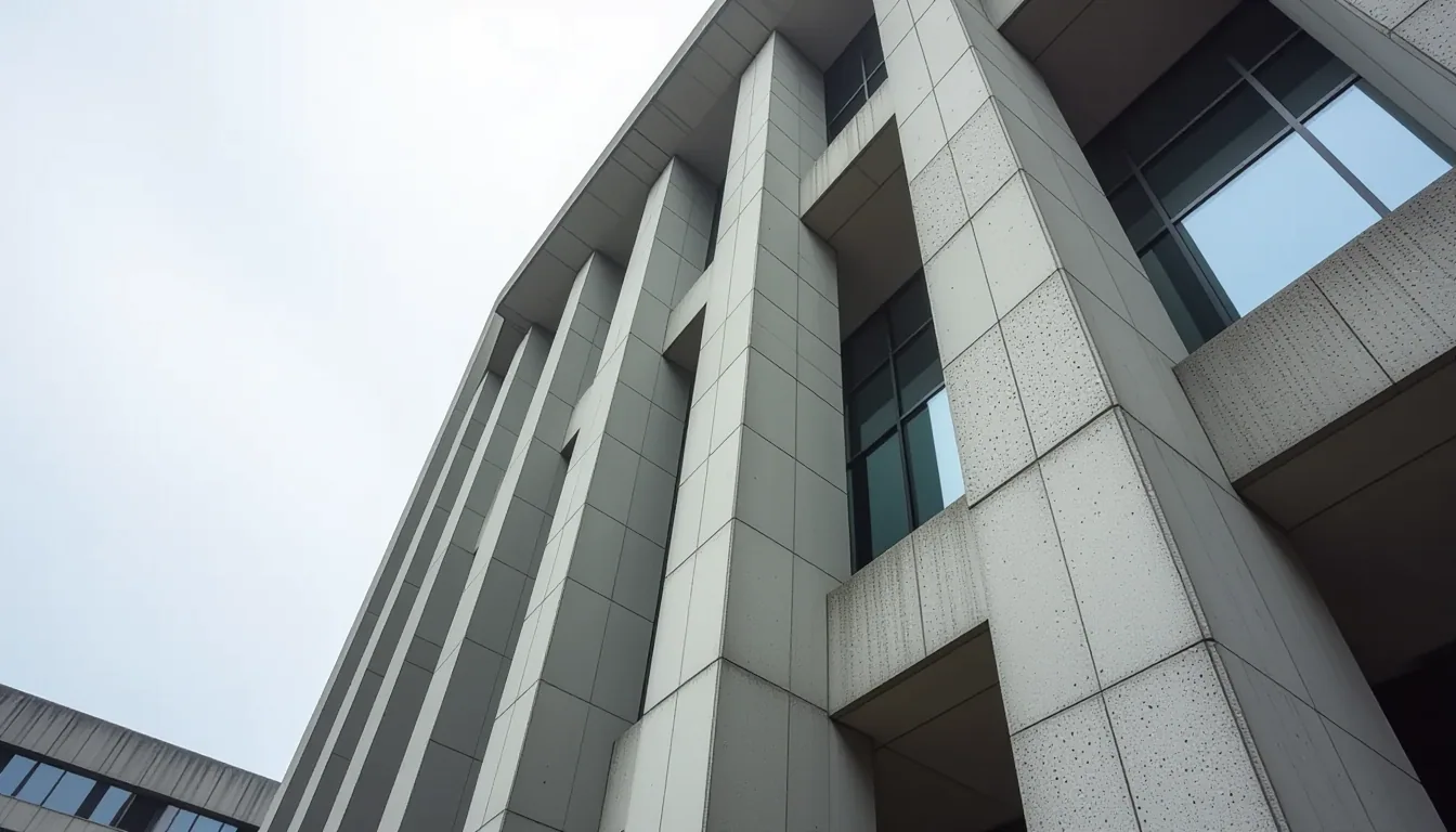 A low-angle shot of a brutalist concrete courthouse tower, its rebar-strewn pillars casting harsh di