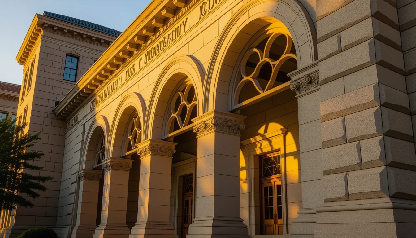 A low-angle shot captures the interlocking stone arches of the Greenville County Courthouse at golde
