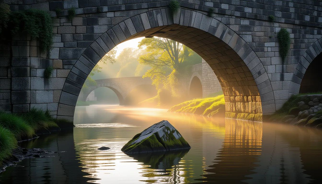 Morning mist clings to the weathered limestone arches of a medieval stone bridge; shallow depth of f