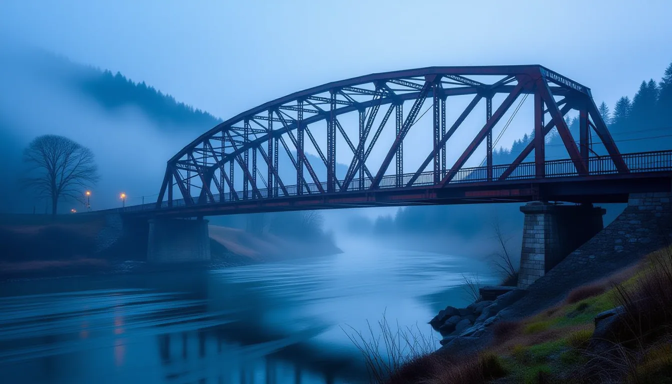 A rusted iron bridge spans a fog-choked valley at dawn, its riveted trusses silhouetted against cold