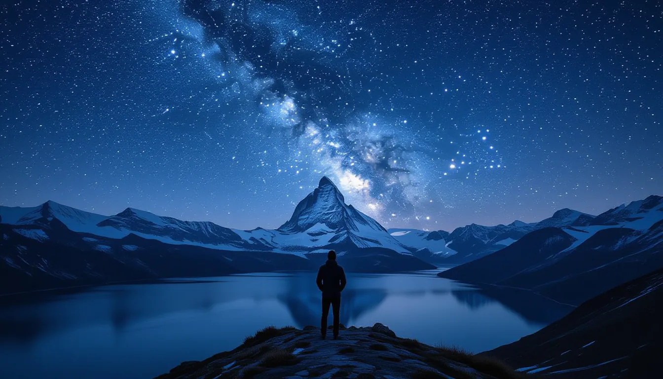 A solitary figure in a dark down jacket stands on an alpine ridge at blue hour, dwarfed by the Milky