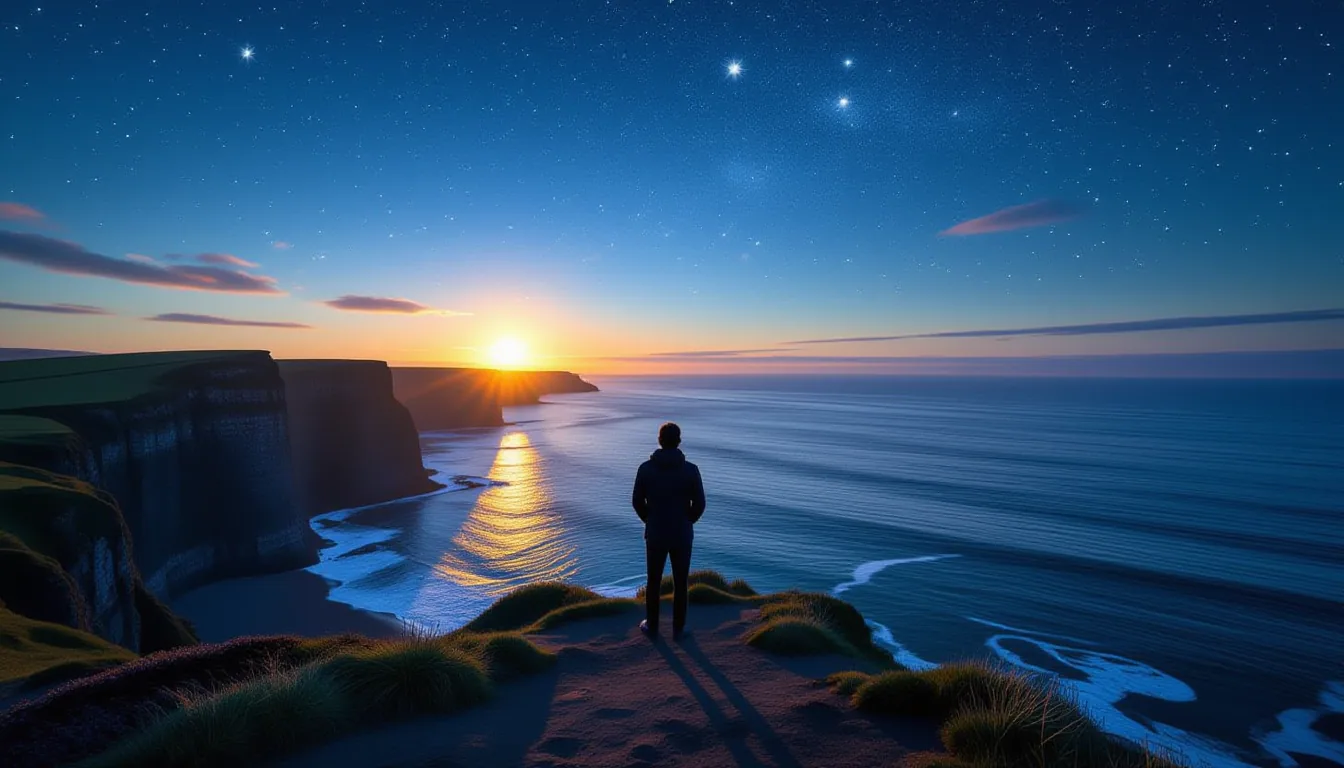 A lone figure stands on a windswept coastal cliff at twilight, shoulders backlit by the dying sun, g