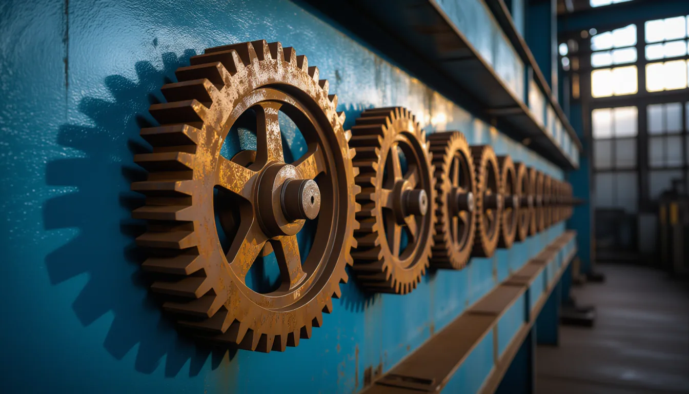 Golden hour light catches rusted steel gears turning slowly on a factory wall, deep blue shadows poo