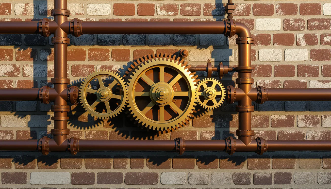 Golden hour light catches brass gears and copper pipes on an exposed industrial wall in Charleston’s