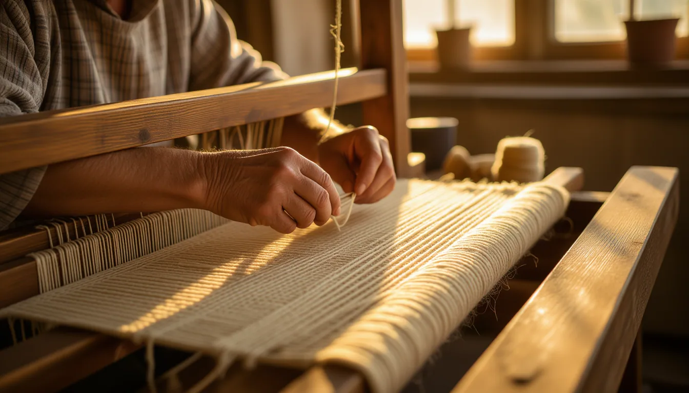 Golden-hour light spills across weathered workbenches in a sunlit studio, illuminating calloused fin