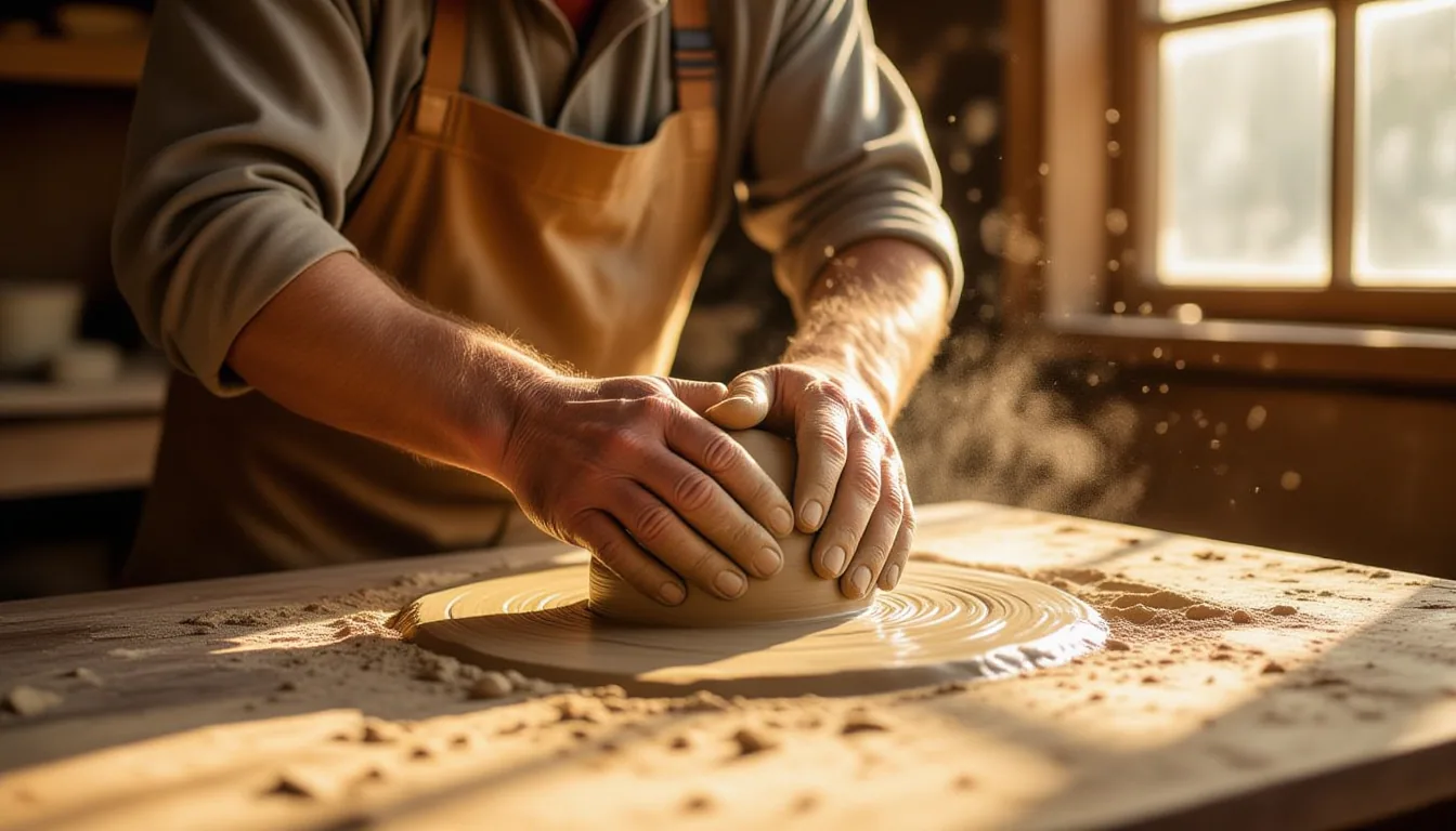 Faded workman's hands knead rough clay on a sunlit wooden table, dust motes floating in warm afterno