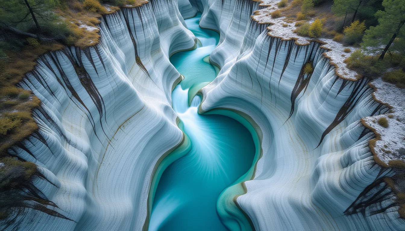 Long-exposure shot from above of a glacier-fed river carving through pale limestone canyon walls, th