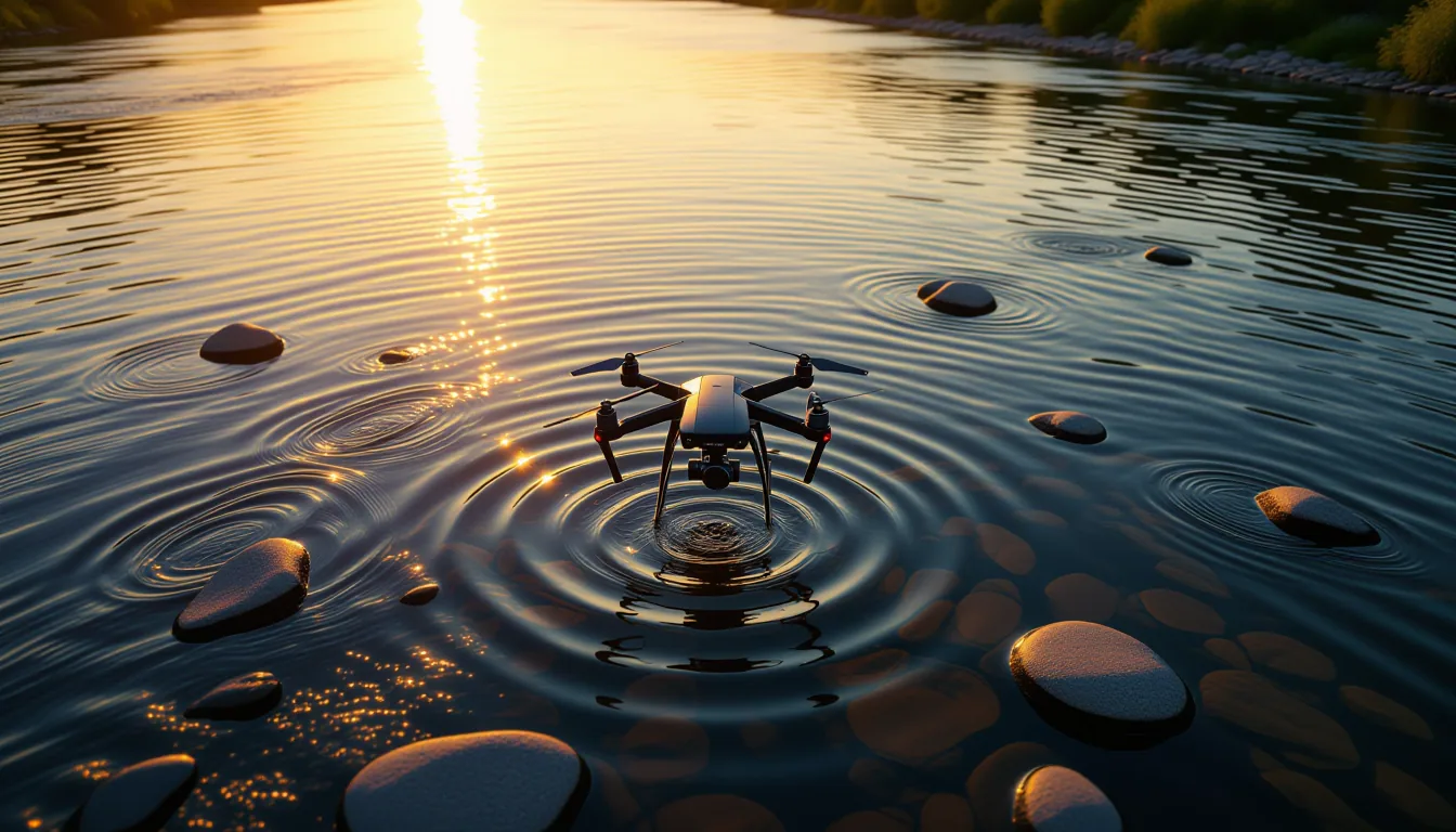 A drone shot over a wide river at golden hour, sunlight catching the shimmering surface of rippling