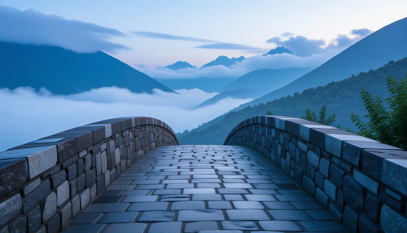 Two parallel stone bridges span a misty valley at blue hour, one wide and paved with worn flagstones