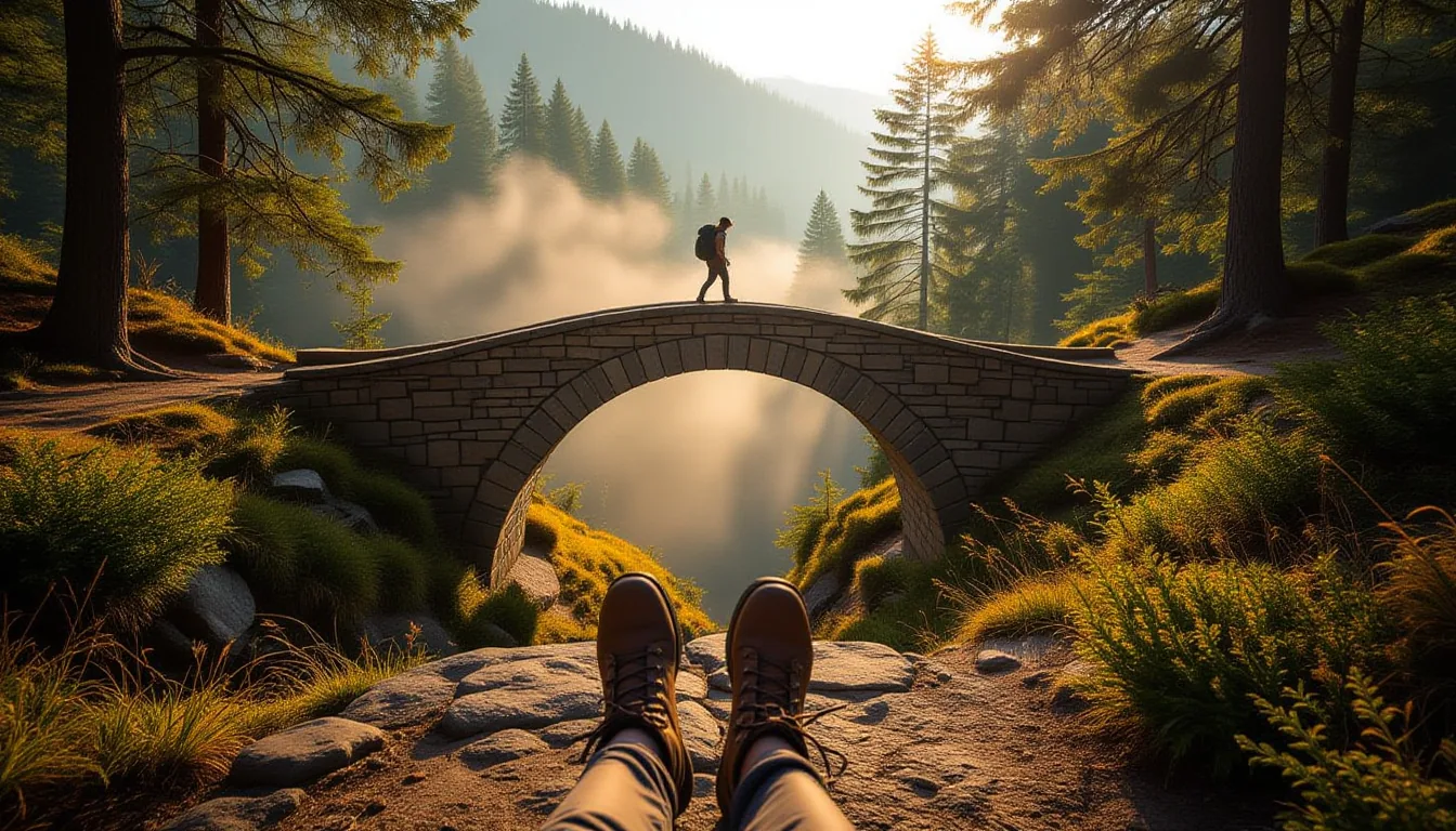 A sun-warmed stone bridge spans a misty ravine; a lone hiker’s boots step from worn granite onto a n