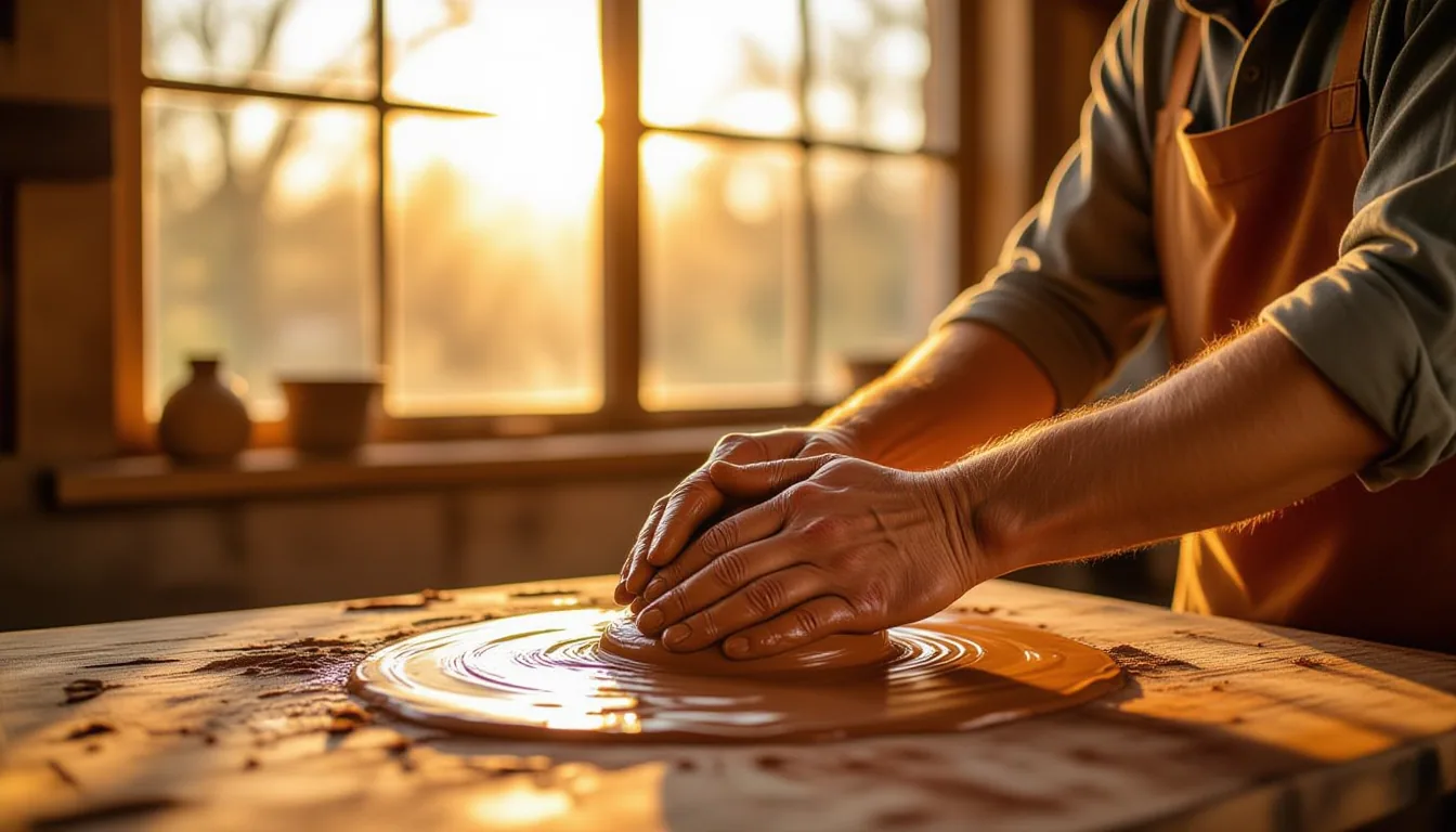 Golden-hour light spills across calloused hands gently kneading wet red clay on a wooden workbench