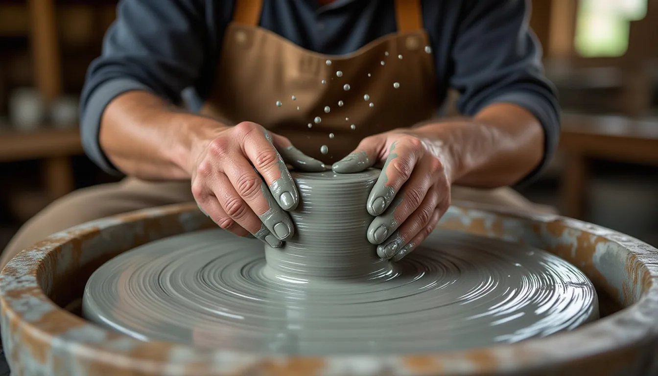 Overcast diffused light, shallow depth of field on weathered calloused hands pinching wet gray clay