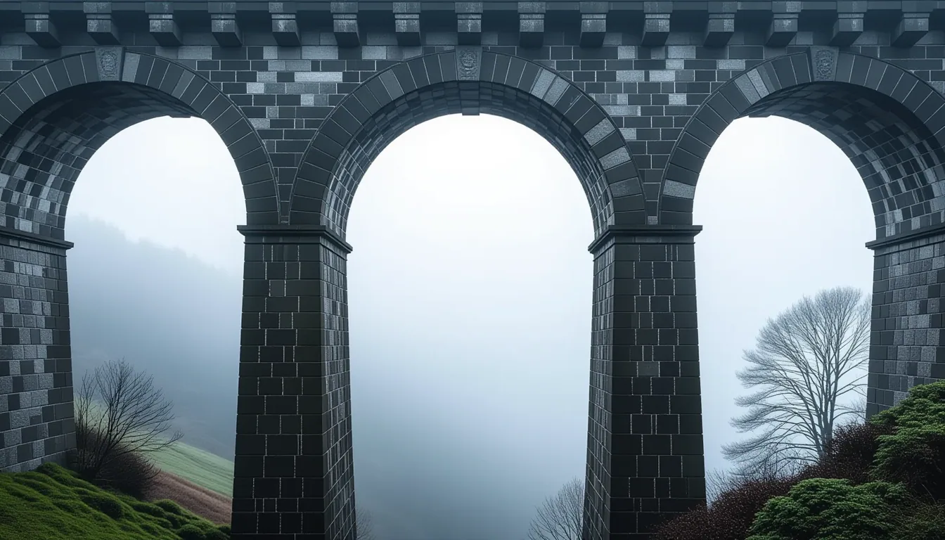 Morning fog clings to the underside of a stone railway viaduct; shallow depth of field isolates the