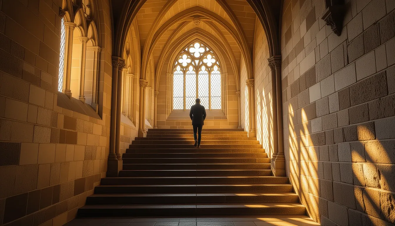 A lone figure stands on a narrow stone staircase, backlit by warm afternoon sun filtering through th
