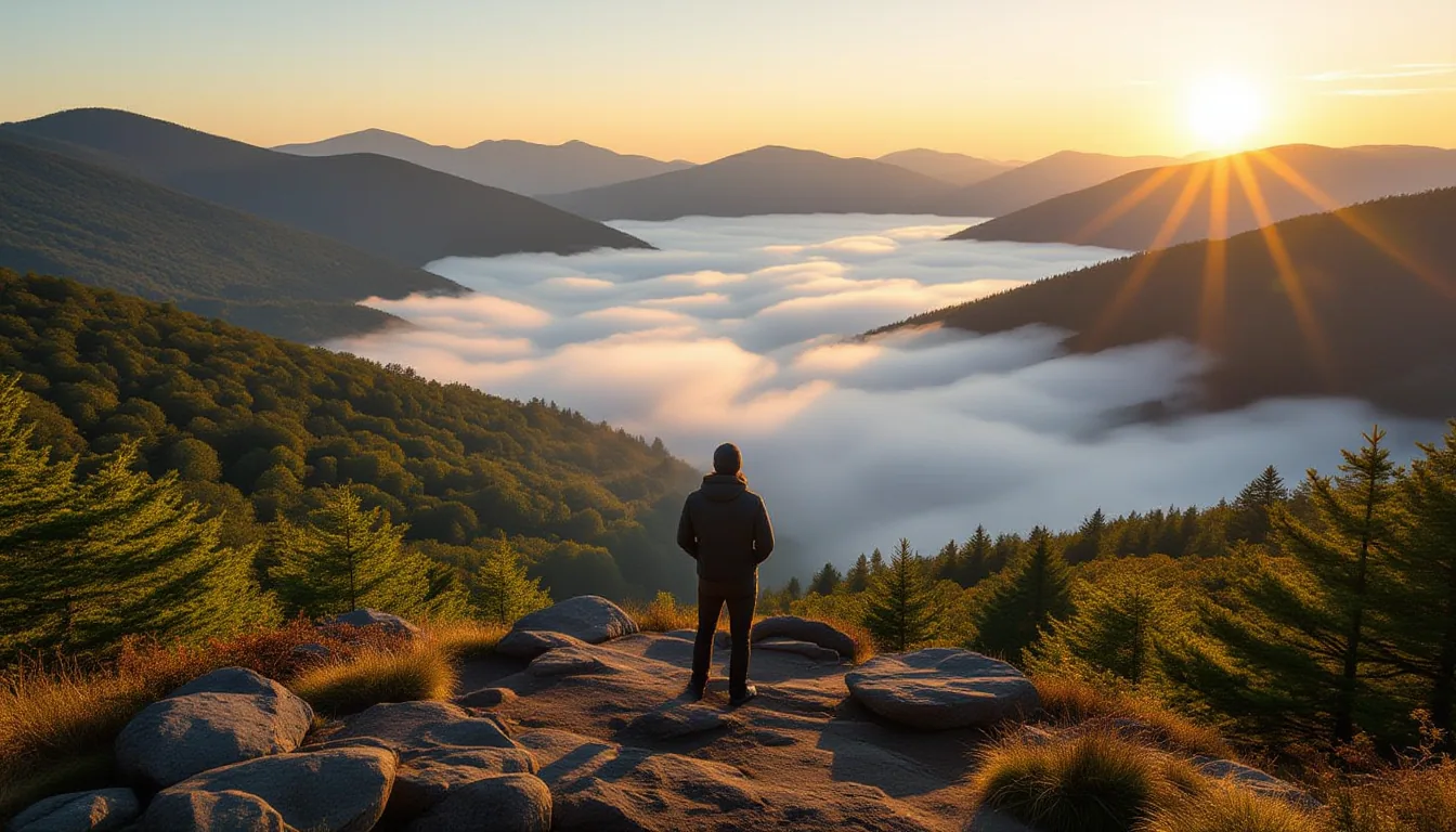 A lone figure stands on a rocky overlook in the Blue Ridge Mountains at golden hour, gazing across a
