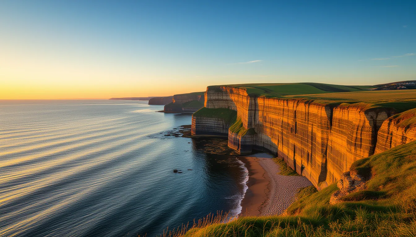 A vast coastal cliff face catches the last amber light of golden hour, its layered sedimentary strat