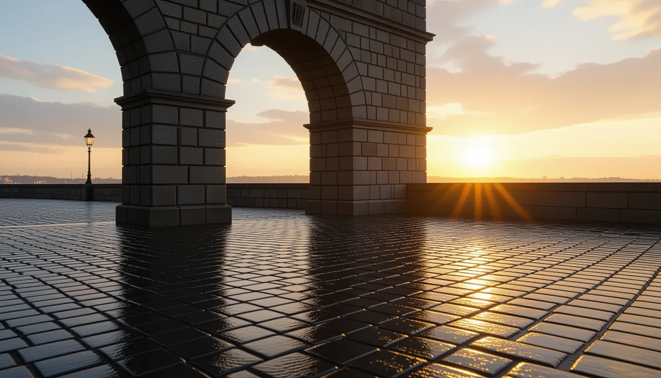 A stone archway at dusk, its shadow stretching across wet cobblestones in a golden-hour glow., photo