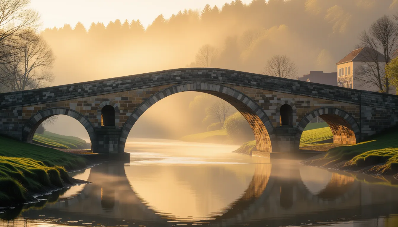 A grand stone bridge arcing over a river at golden hour, its weathered arches framing the path betwe