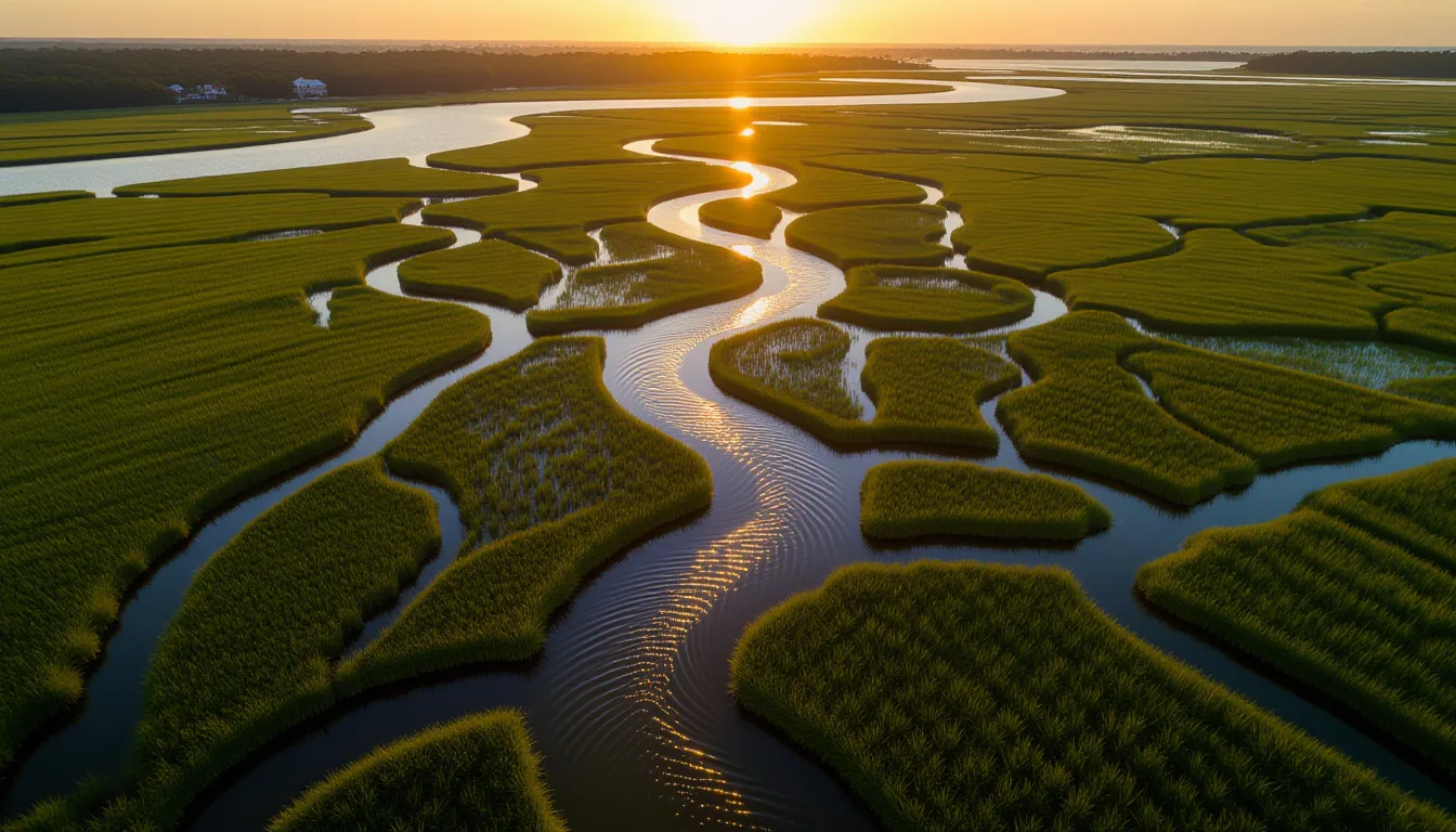 Aerial view at golden hour showing the Lowcountry's tidal creeks carving serpentine channels through