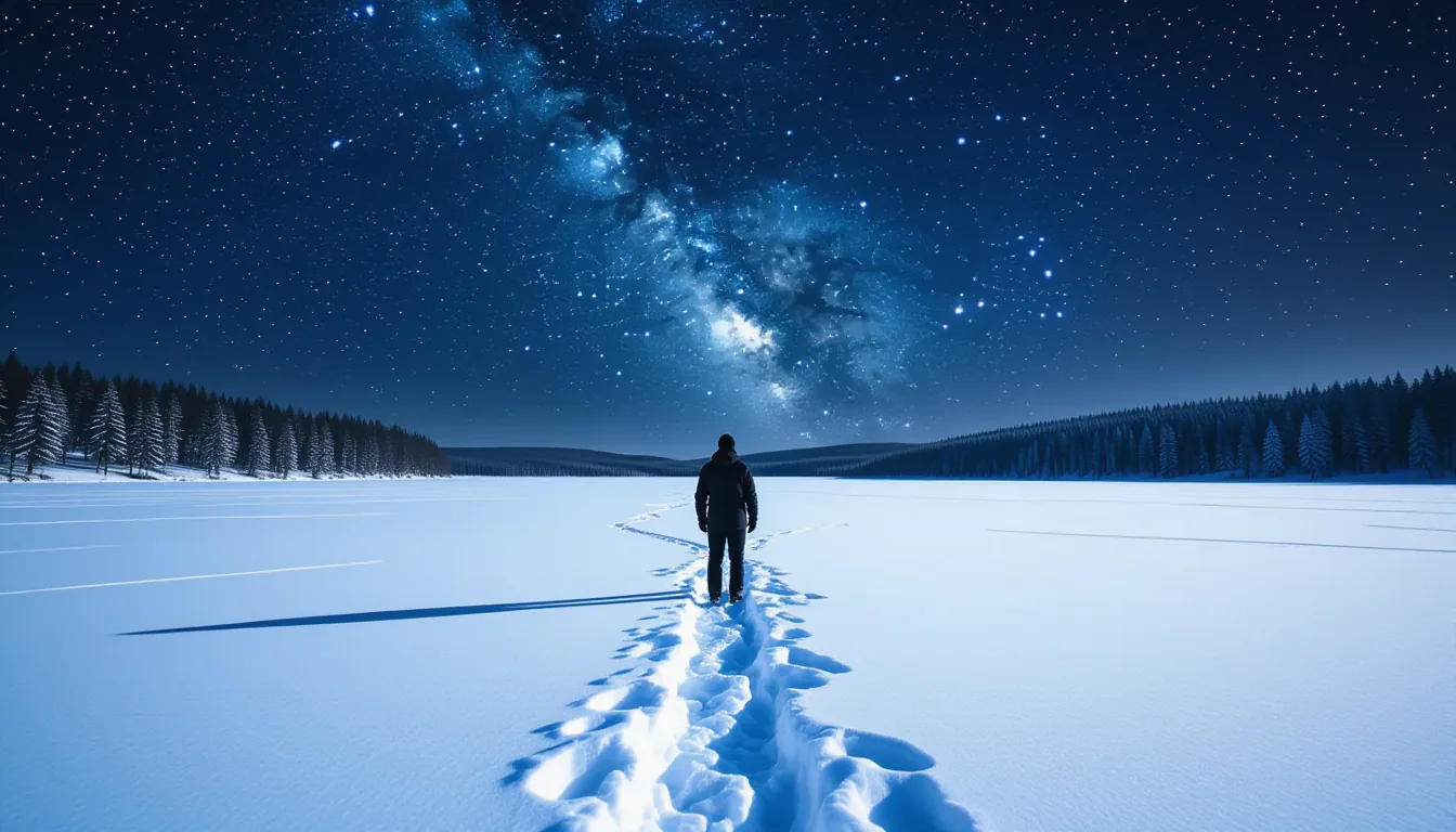 A solitary figure stands knee-deep in snow on an icy lake at midnight, the Milky Way arcing overhead
