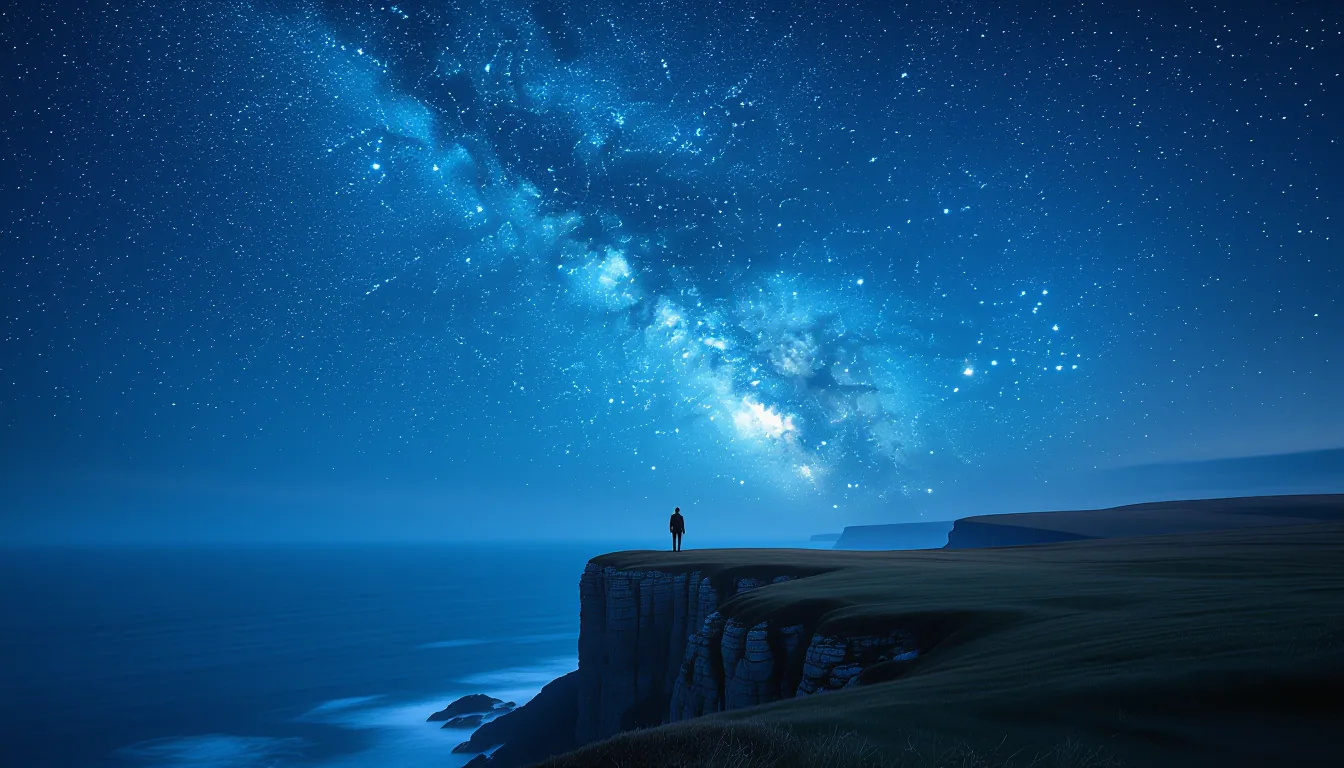 A lone figure stands on a windswept cliff edge at blue hour, backlit by an overcast sky where the Mi
