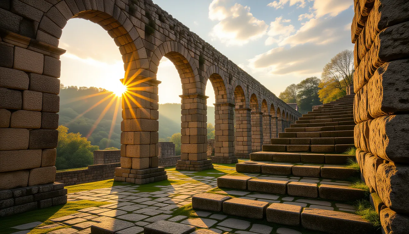 Sunlight slices through a crumbling Roman aqueduct’s arches at golden hour, casting long geometric s