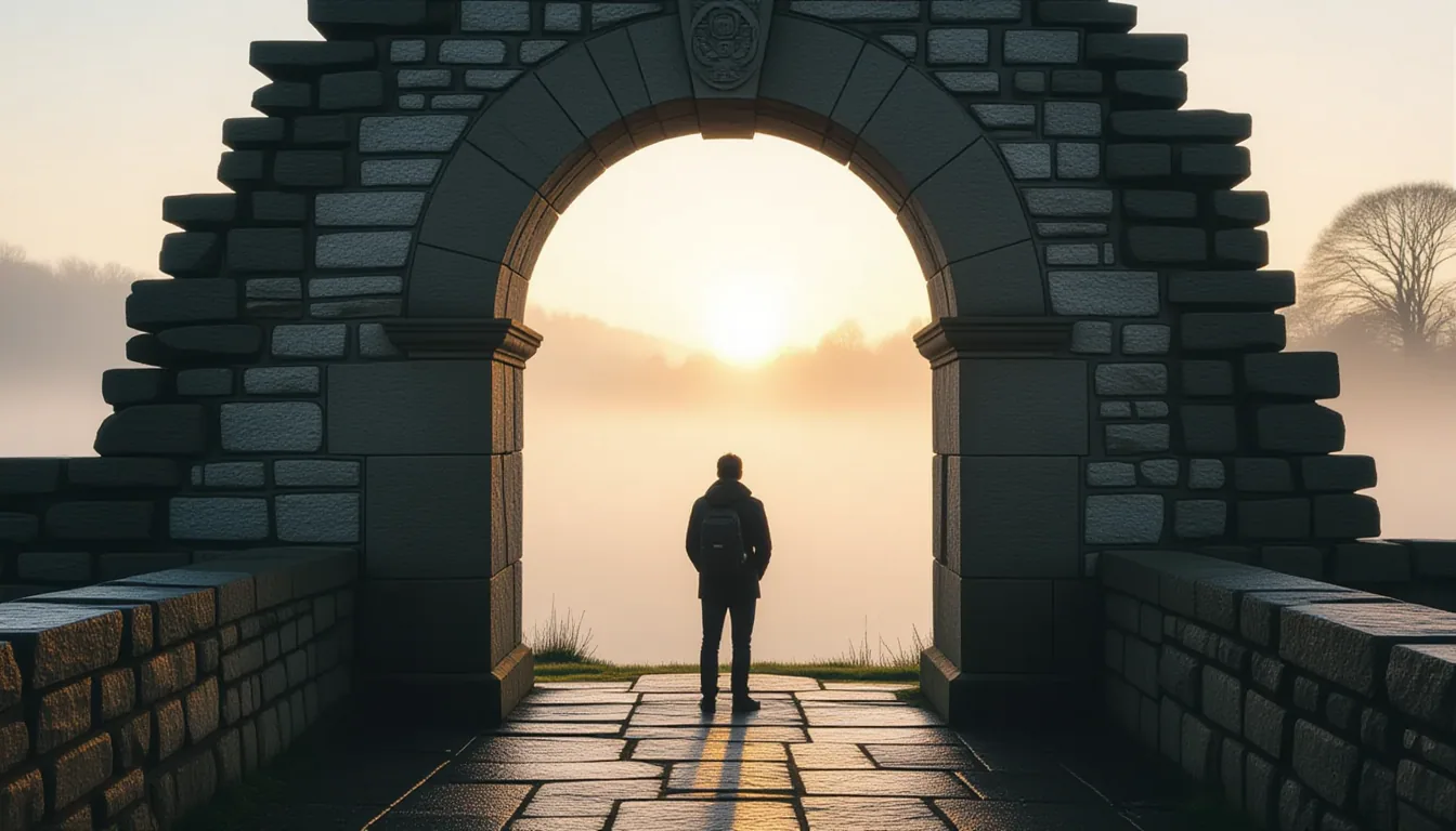 Shallow depth of field captures a weathered stone archway in misty morning light, its geometric ston