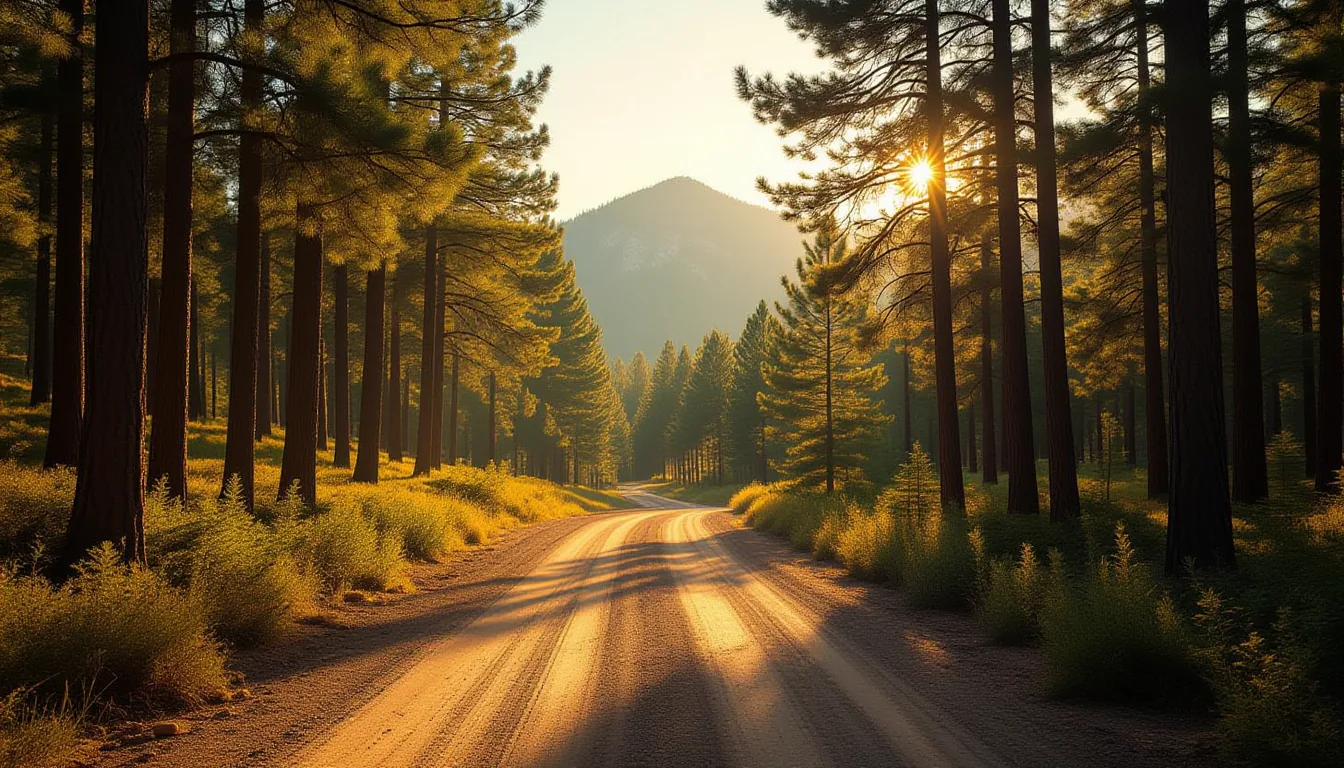 A sunlit dirt road winds through a dense pine forest toward a distant mountain ridge, golden hour li