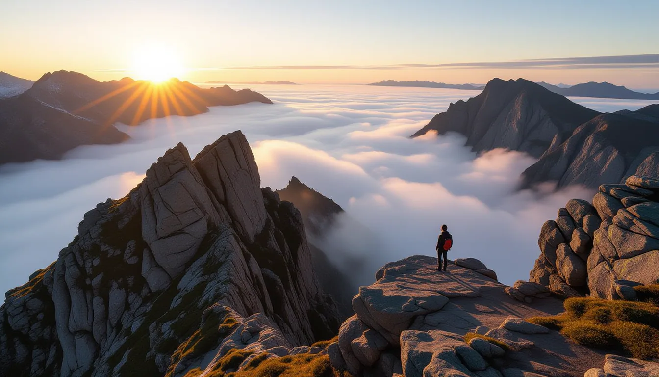 Golden-hour light hits a jagged, unyielding mountain ridge; below, a lone figure stands tiny on a wi