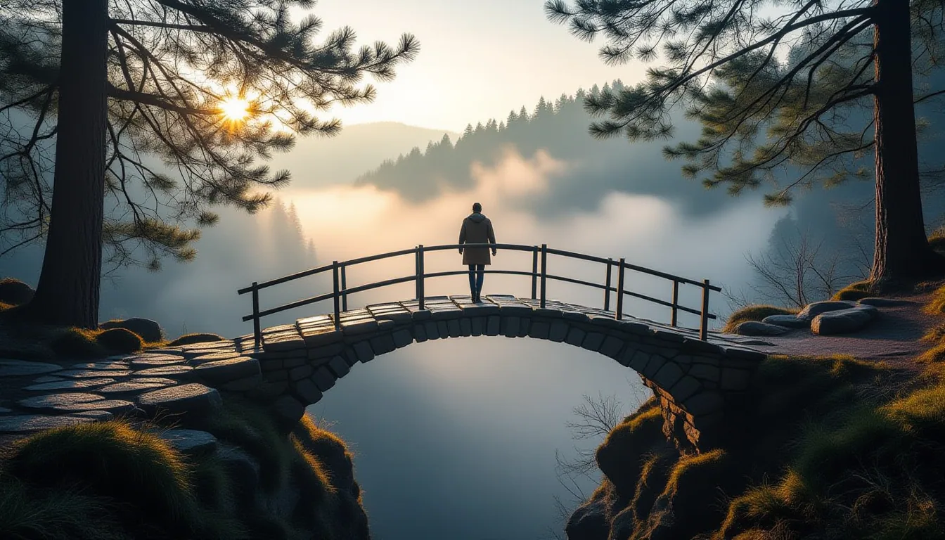 A narrow stone footbridge spans a deep, misty gorge at dawn; one figure in a worn coat steps onto it