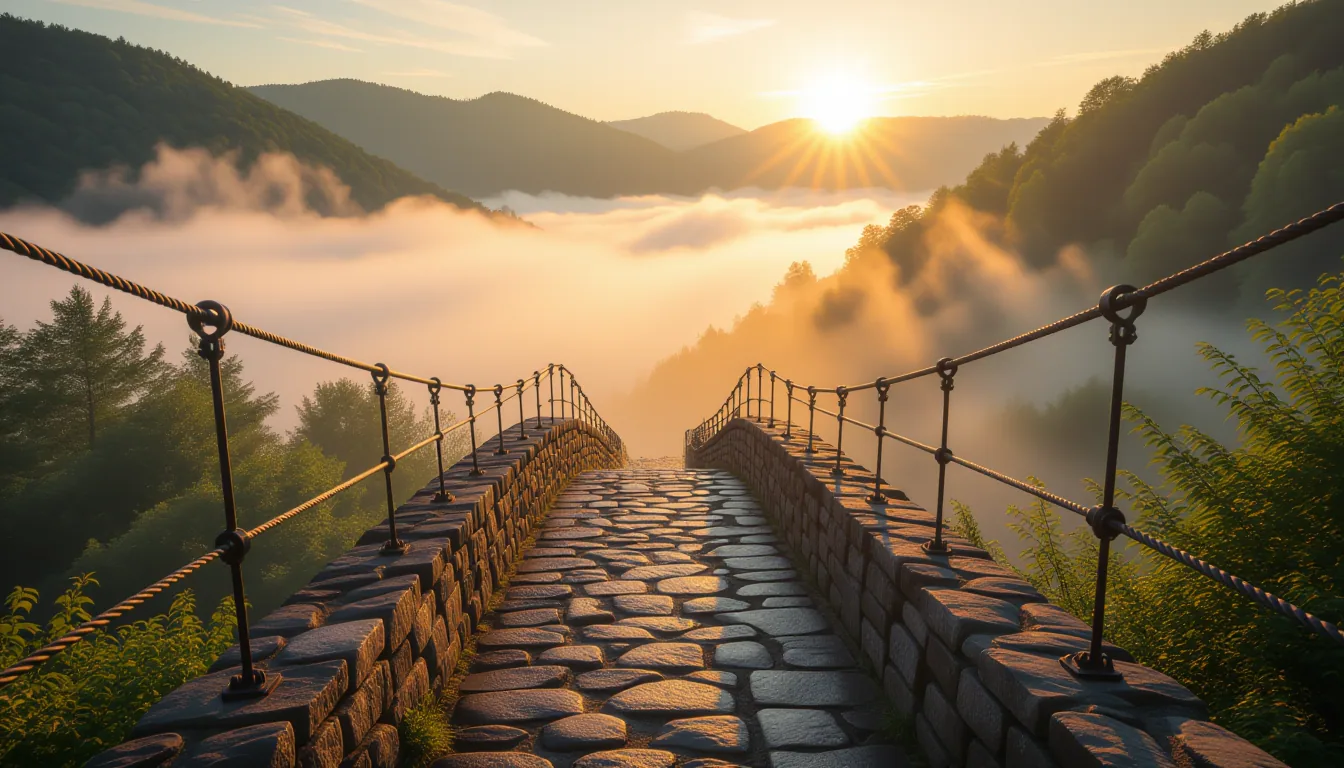 A weathered stone footbridge crosses a misty river gorge at golden hour, its cables catching warm li