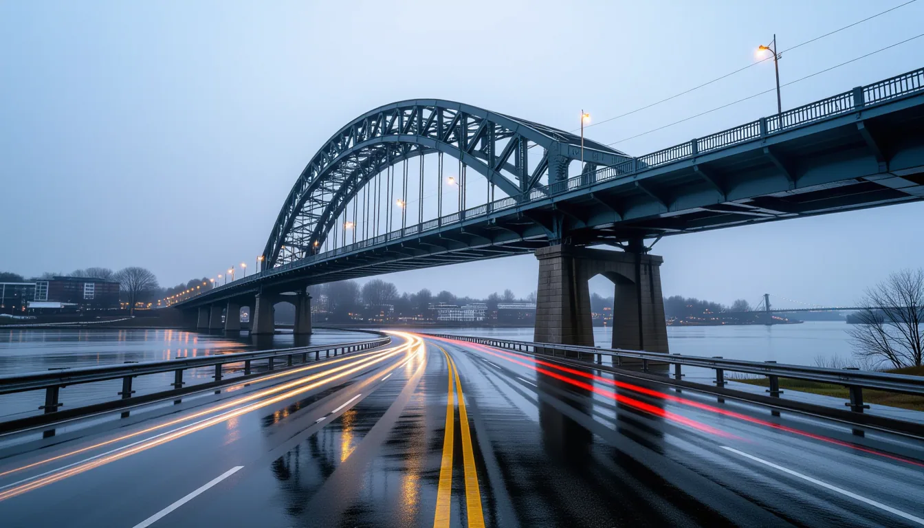 A rain-slicked steel arch bridge stretches across a grey river under an overcast sky; the camera sit