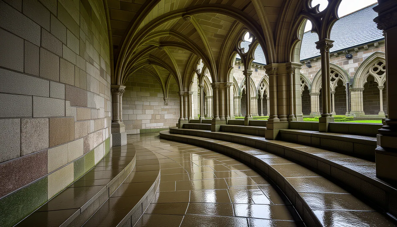 Overcast diffused light on a weathered sandstone Gothic cloister, where rain-slicked stone steps cur