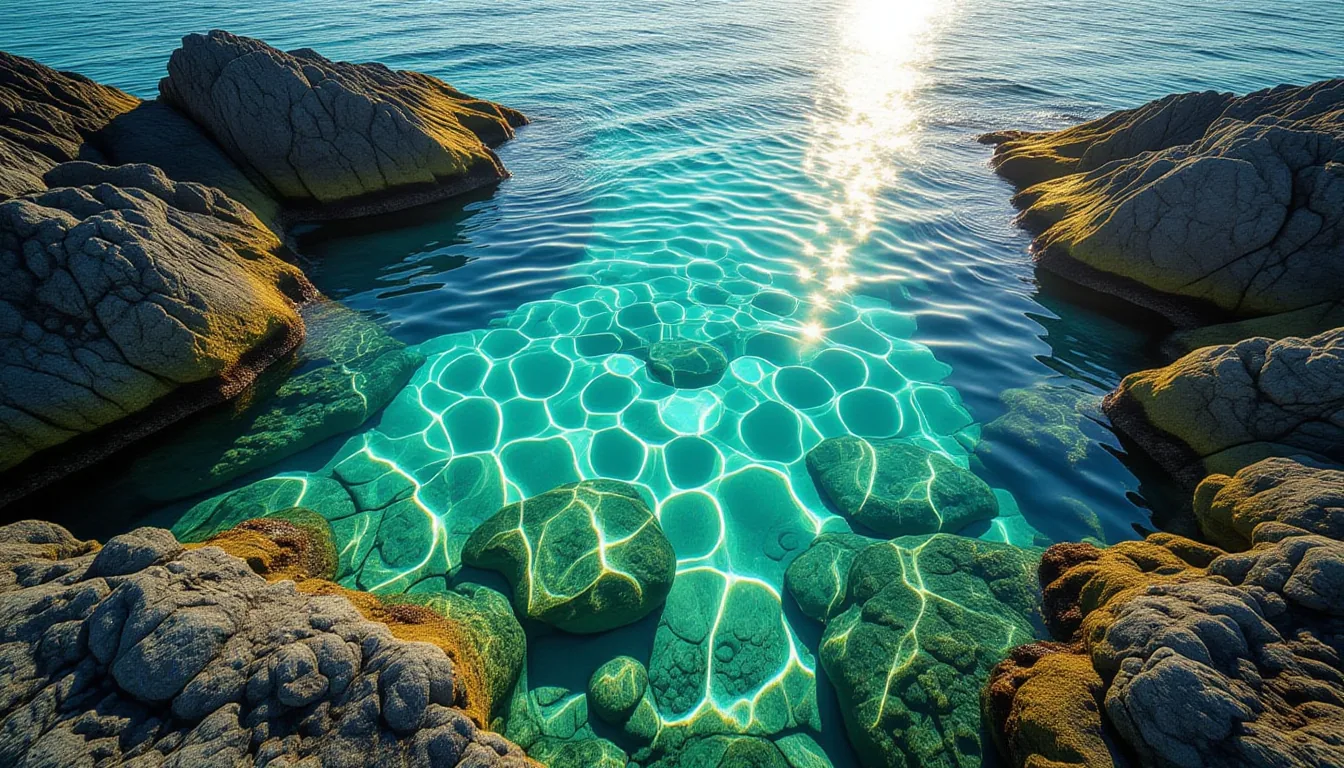 Tidal ripples fracture against sun-bleached granite boulders on an exposed reef at low tide, capture
