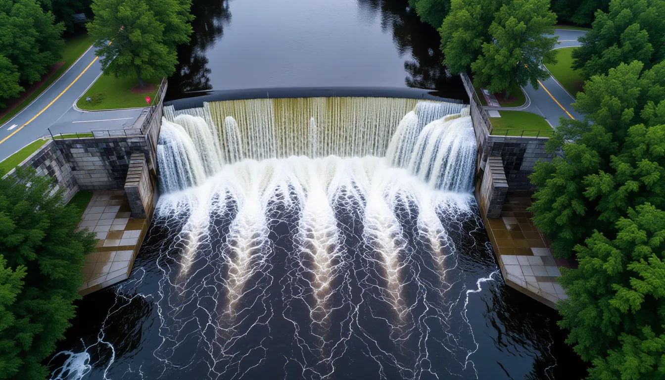 Aerial view of the Reedy River splitting around a granite dam, white water churning dark pools under