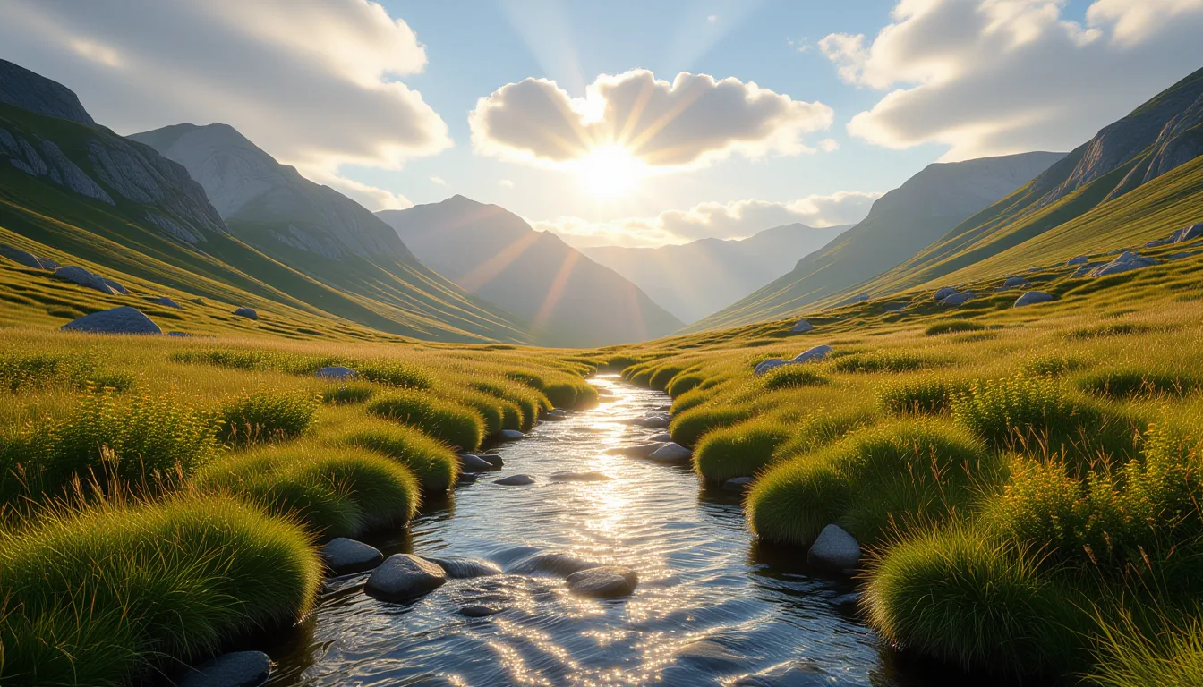 A wide-angle shot down a sunlit granite valley in late afternoon; the camera tilts up from a creek's
