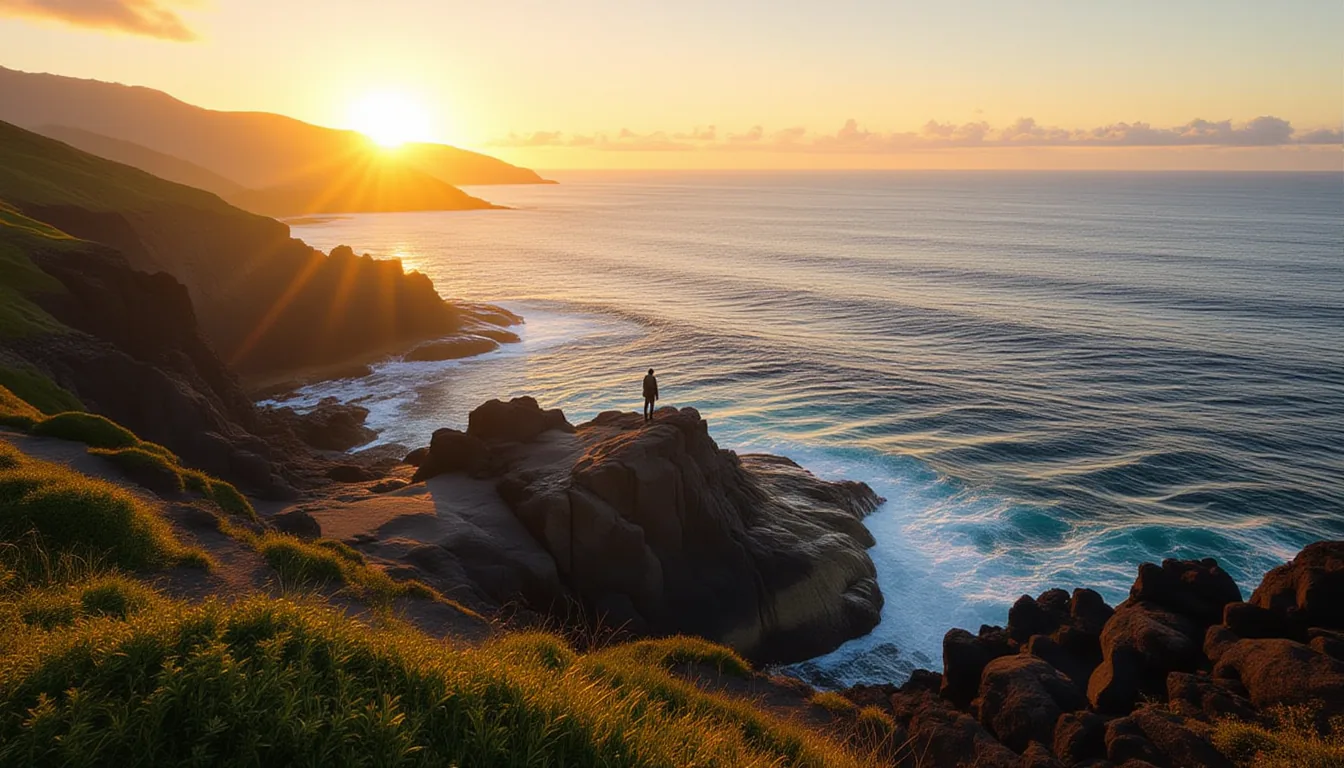 A lone figure stands on a windswept coastal cliff at golden hour, backlit by warm amber light spilli