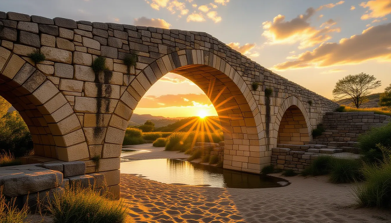 Sunset golden hour hits the weathered sandstone arches of an old stone bridge; warm light traces the