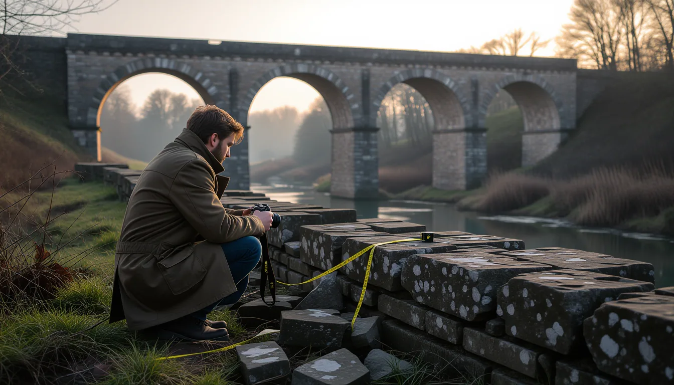 Overcast diffused light falls on a crumbling stone viaduct at dawn, where a single figure in a waxed